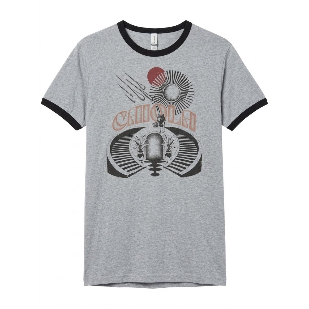 Next Level Caiola Ringer Tee Women Medium Gray Graphic Wolf Sun T-Shirt